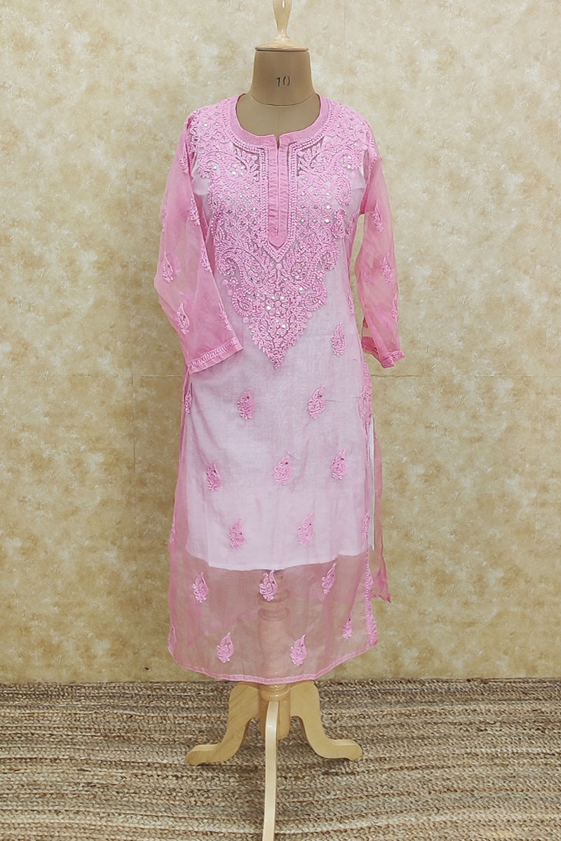 Pink Colour with mukaish Work Hand Embroidered  Lucknowi Chikankari organza Kurti- MC251888